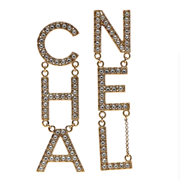 ‼️‼️PRICE FIRM‼️‼️ CHANEL Crystal Cha-Nel Logo Drop Earrings Gold - Picture 1 of 7